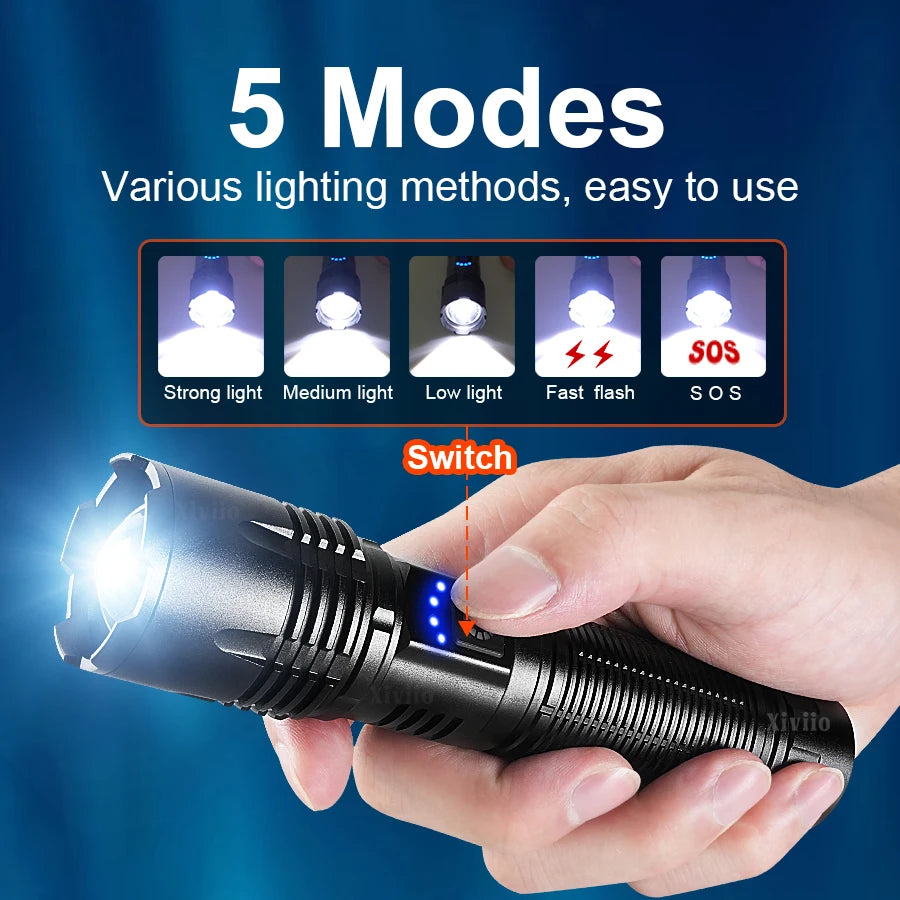 9000000LM LED Strong Light Flashlight Portable Rechargeable Lamp Built-in Battery Long Range Tactical Lantern Outdoor Lights