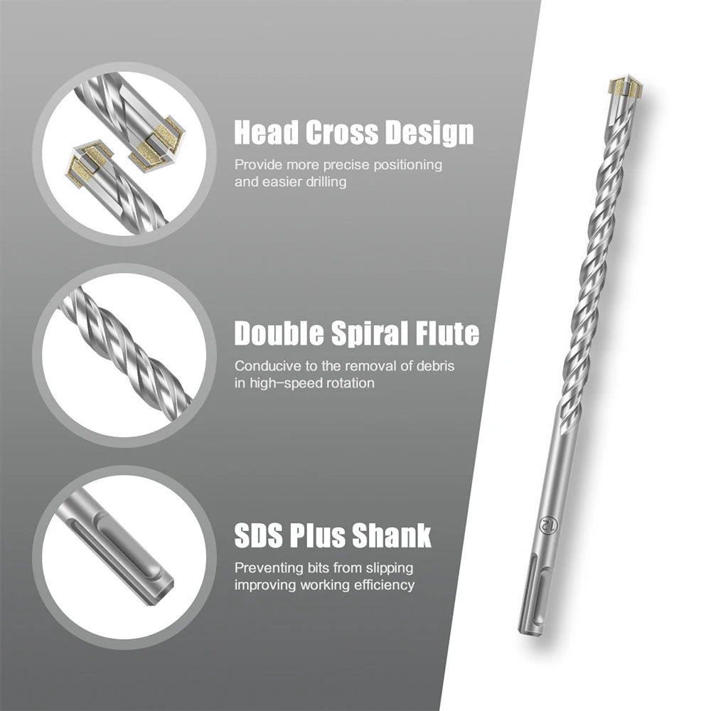 SDS Plus Drill Bit Set 7 Pieces, Concrete Drill Bit 110mm(Diameter4, 5, 6, 7, 8, 10,12mm), Hammer Drill Bit with 4 Cutting Edges